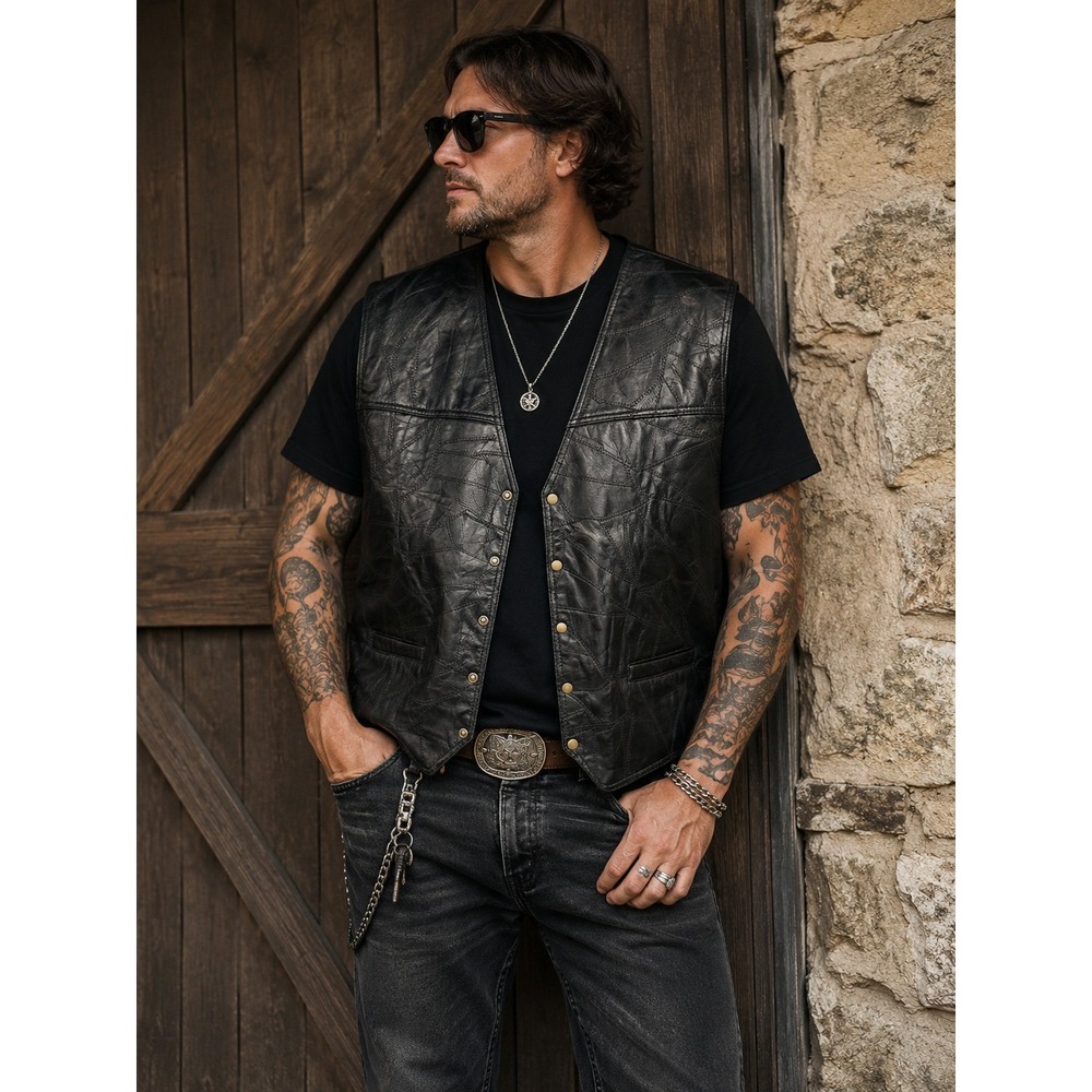 Navarre Leather Company Mens Black Patchwork Leather Biker Vest 3X V-Neck Snap